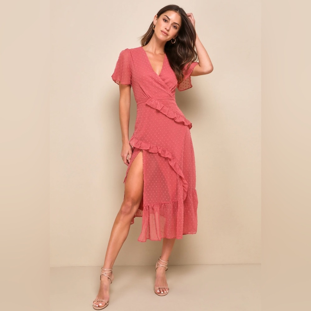 Next to You Rusty Rose Swiss Dot Ruffled Midi Dress